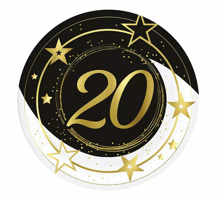 Pack de 6 Platos 20 Años Cumpleaños y Aniversarios de 23 cm