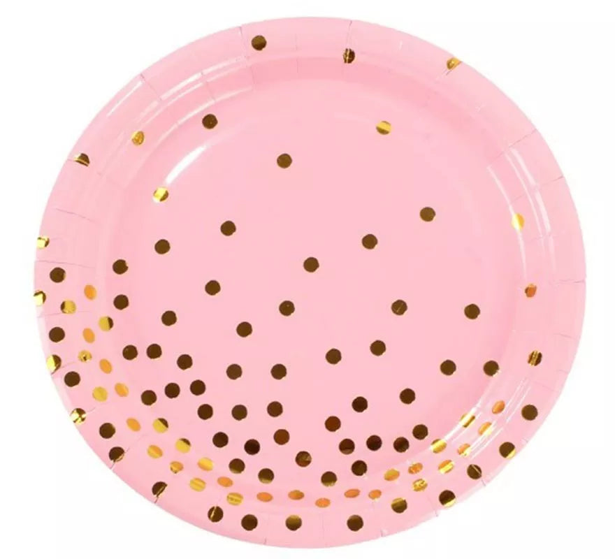 Pack de 6 Platos de cartón con lunares dorados de 18 cm en varios colores.