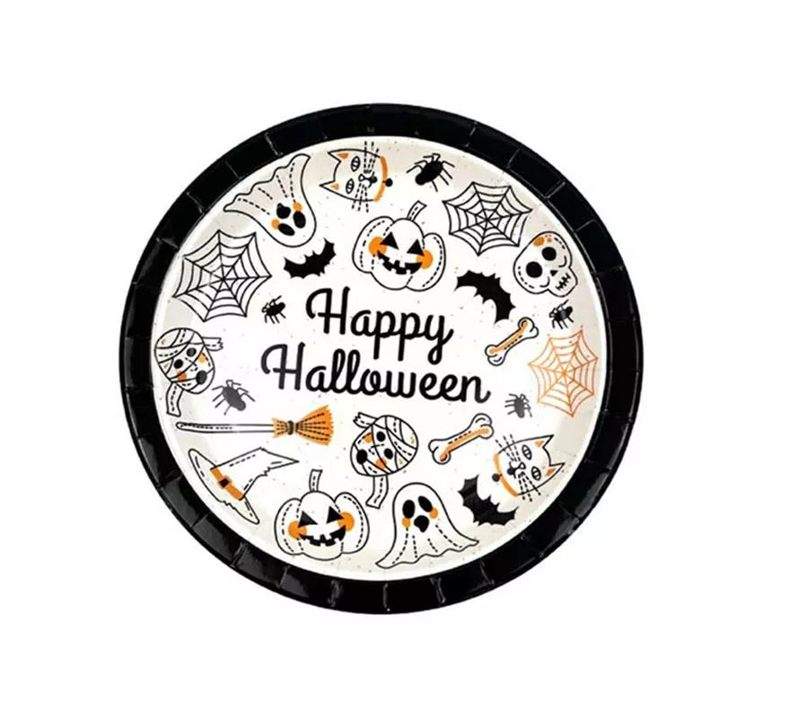 Translation missing: de.Pack de 6 Platos Happy Halloween Print blanco y negro de 18 cm