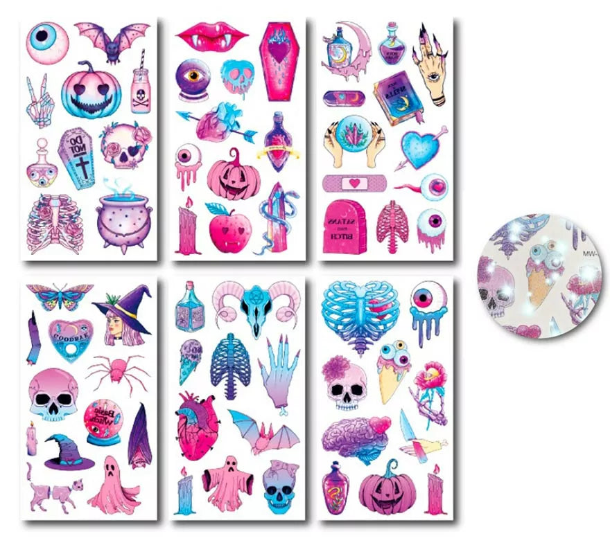 Translation missing: de.Pack de 6 Tatuajes Halloween rosa glitter en modelos surtidos de 6,8 cm