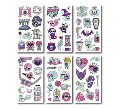 Packung mit 6 lila leuchtenden Tattoos in verschiedenen 6,8-cm-Modellen