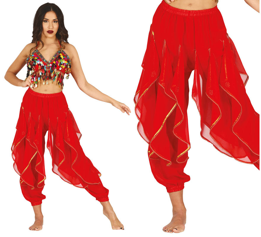 Translation missing: de.Pantalones Danza del Vientre Rojo con Flecos Dorados