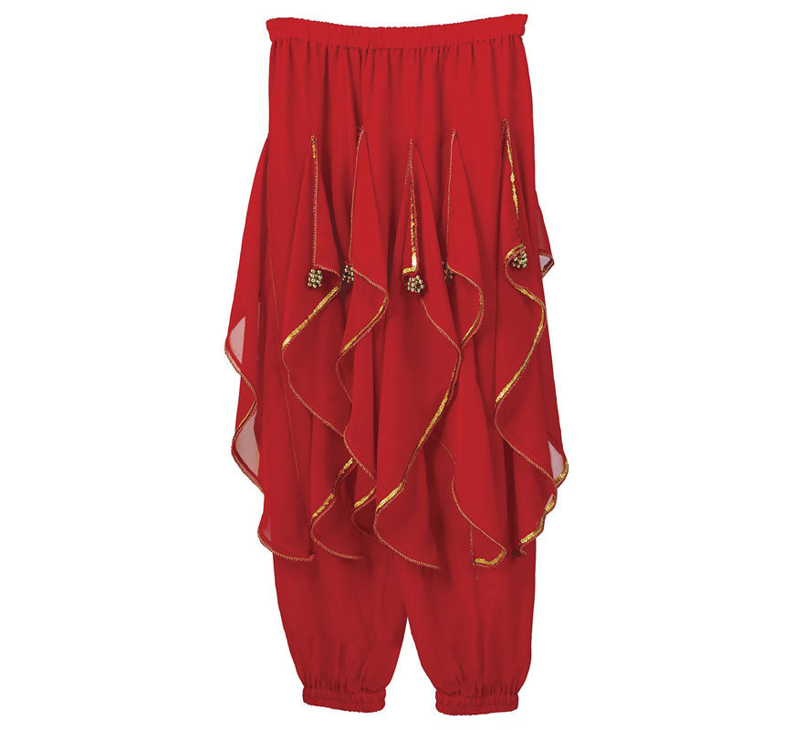 Translation missing: de.Pantalones Danza del Vientre Rojo con Flecos Dorados