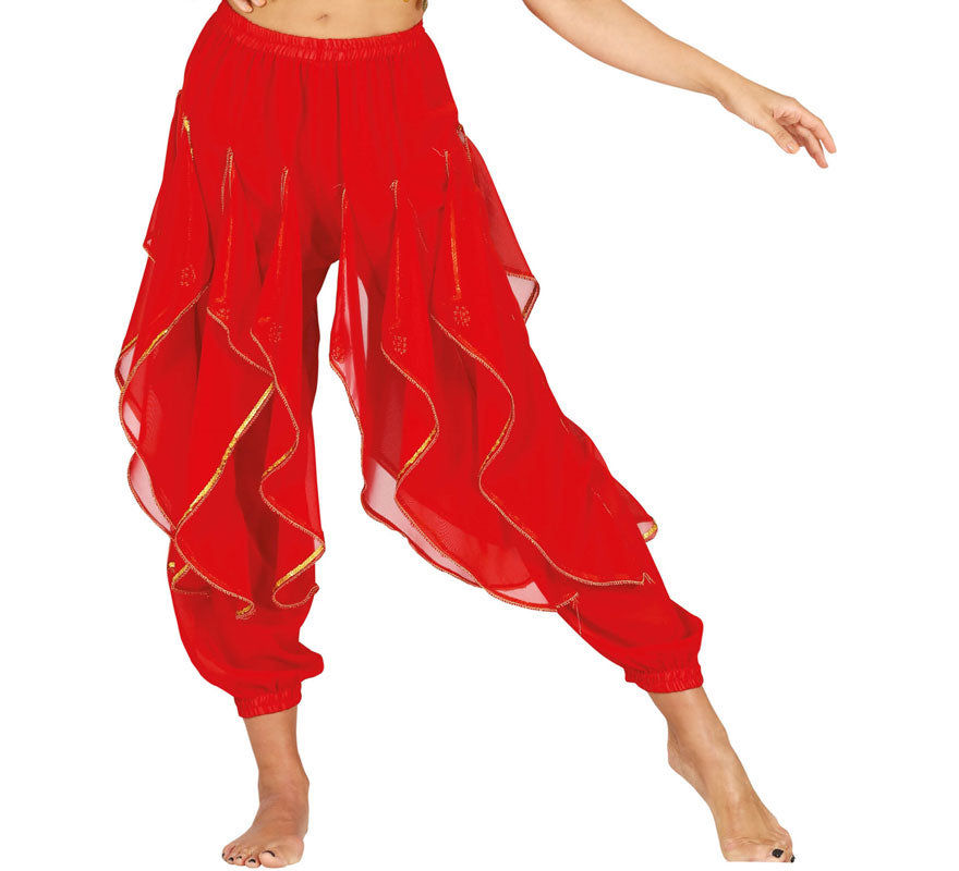 Translation missing: de.Pantalones Danza del Vientre Rojo con Flecos Dorados