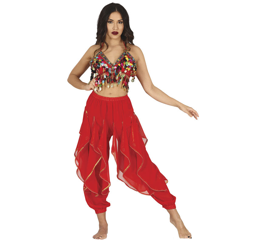 Translation missing: de.Pantalones Danza del Vientre Rojo con Flecos Dorados