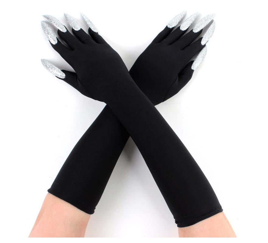 Translation missing: de.Par de Guantes negros con Uñas plateadas adulto