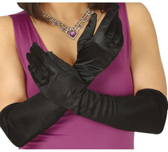 Paar schwarze Satinhandschuhe 51 cm.