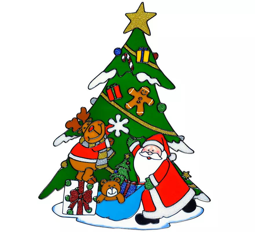 Pegatina Ventana Árbol Navidad con Papá Noel y Reno de 40 cm