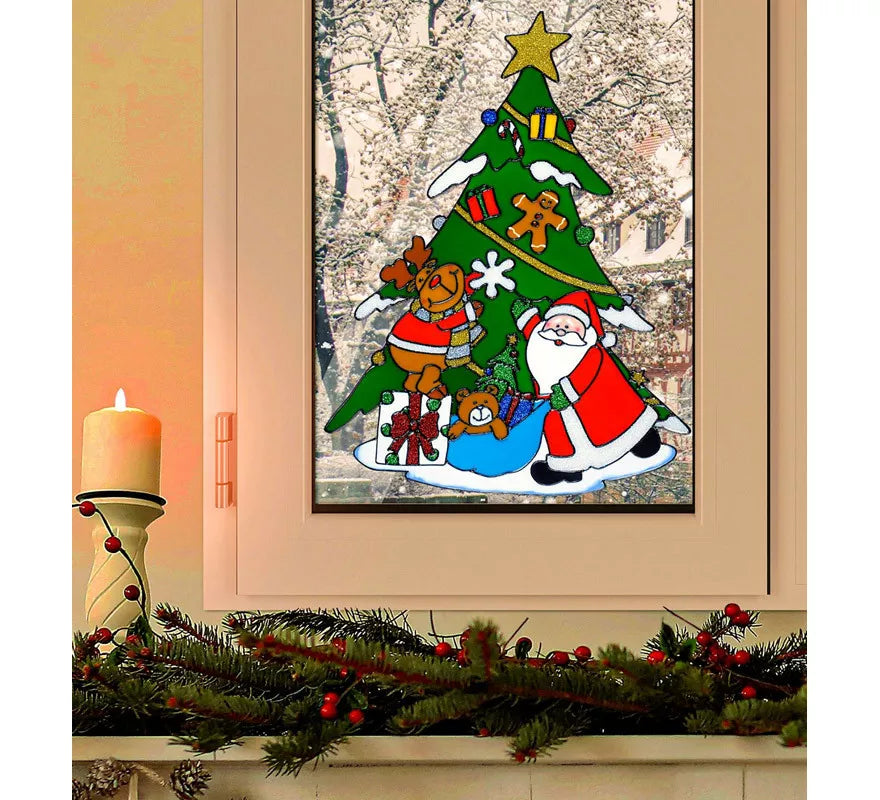 Translation missing: de.Pegatina Ventana Árbol Navidad con Papá Noel y Reno de 40 cm