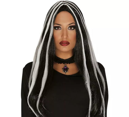 Peluca de Bruja negra con mechas blancas Halloween