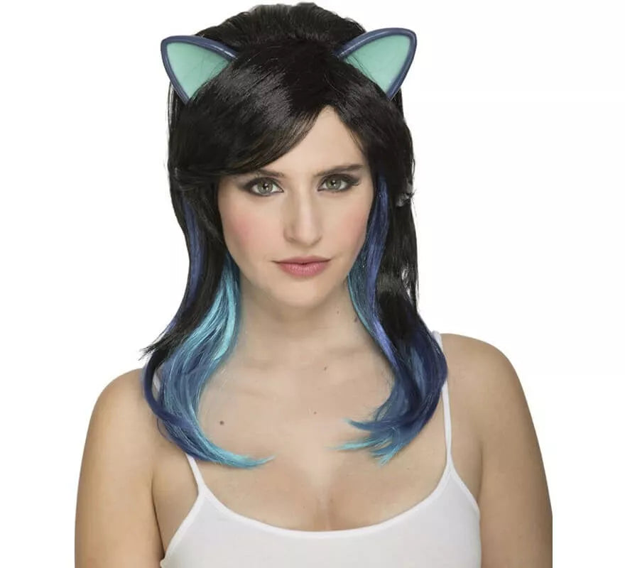 Translation missing: de.Peluca de Gatita Negra con Orejas y Mechas Azules