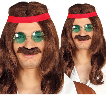 Peluca de Hippie con cinta y bigote