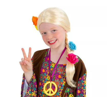 Peluca de Hippie trenza floreada rubia infantil