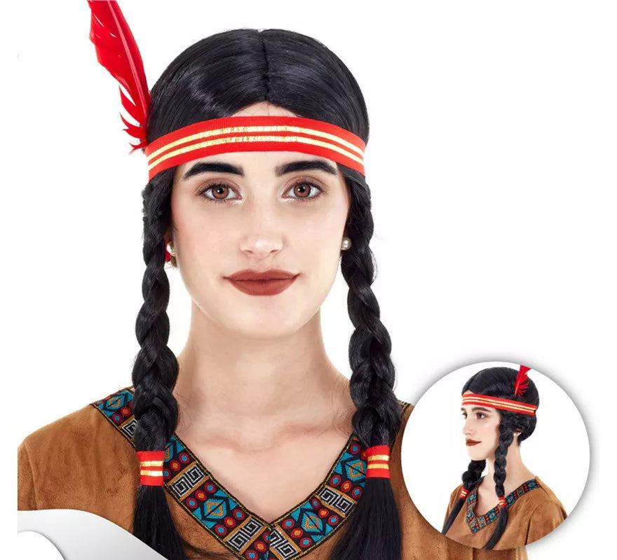 Peluca de India con Coletas con cinta y pluma