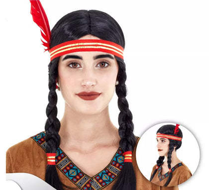 Peluca de India con Coletas con cinta y pluma