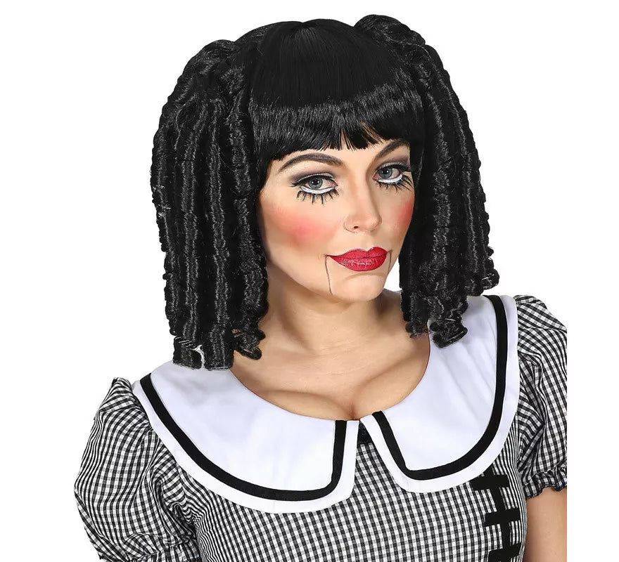 Peluca Negra de Muñeca con Tirabuzones
