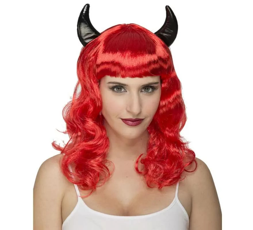 Peluca Roja ondulada con Cuernos de Demonia
