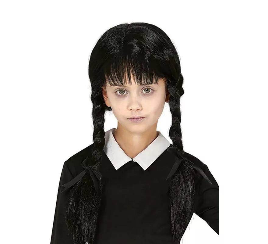 Peluca Trenzas negras con Flequillo en caja infantil