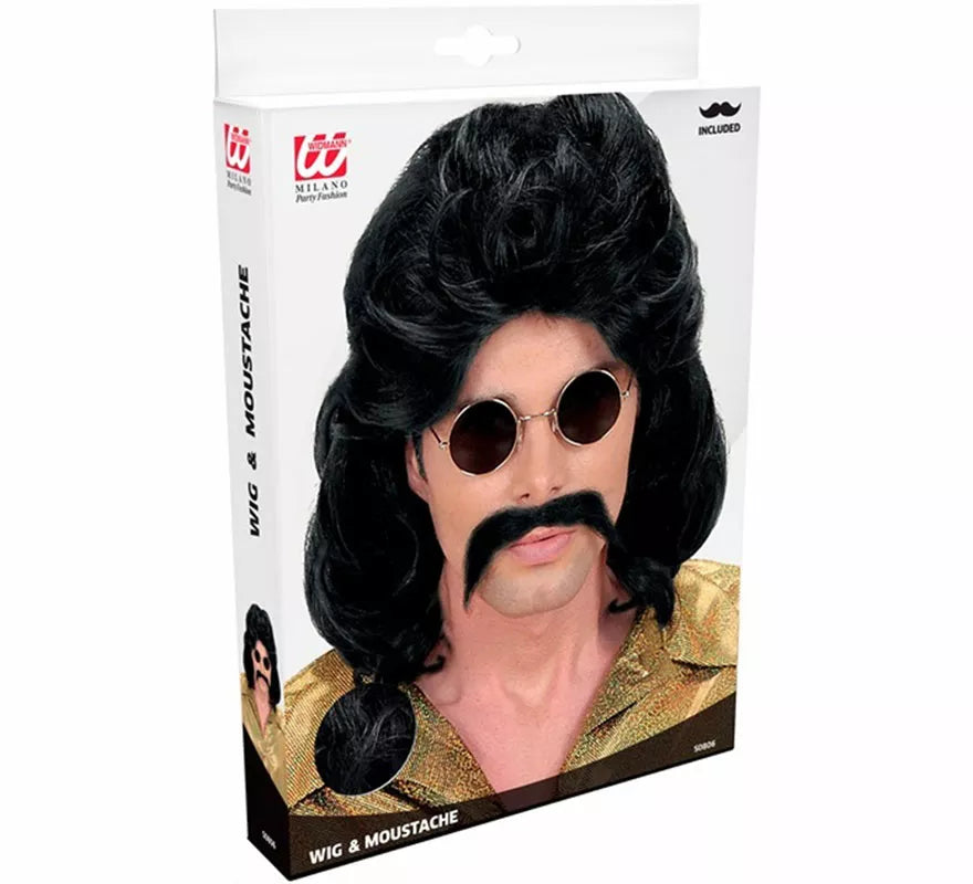 Peluca y Bigote Años 70 negra