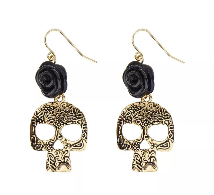 Translation missing: de.Pendientes de Calavera Dorada con Rosa Negra