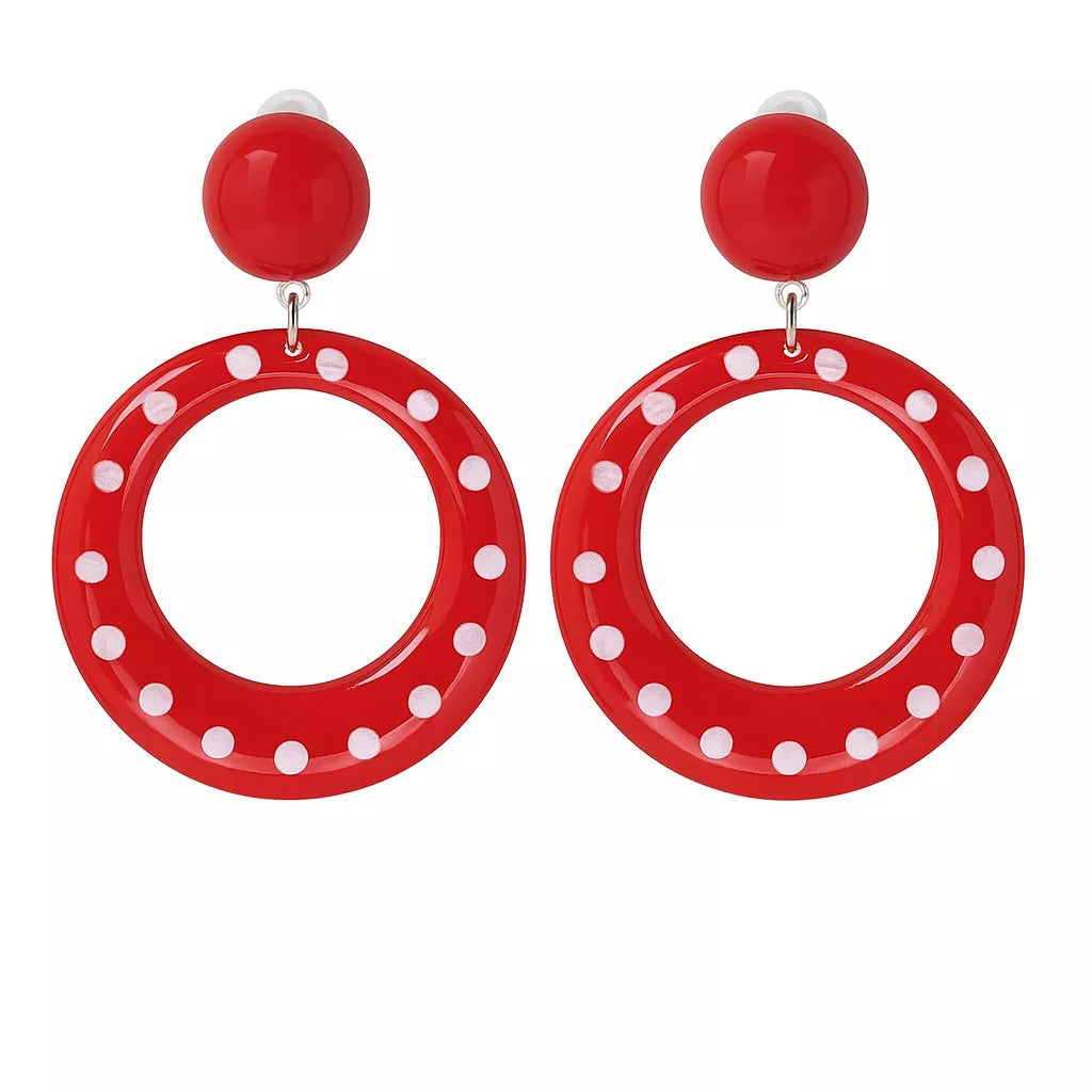 Translation missing: de.Pendientes de Sevillana pequeños rojos con topos blancos de 6 cm