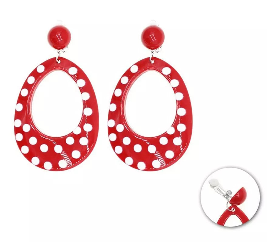Translation missing: de.Pendientes Oval rojo mediano con topos blancos