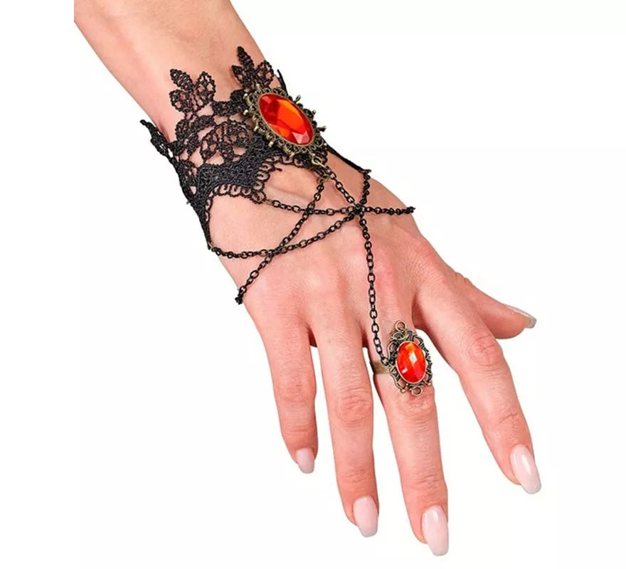 Translation missing: de.Pulsera Gótica de Encaje con Anillo y Gemas rojas