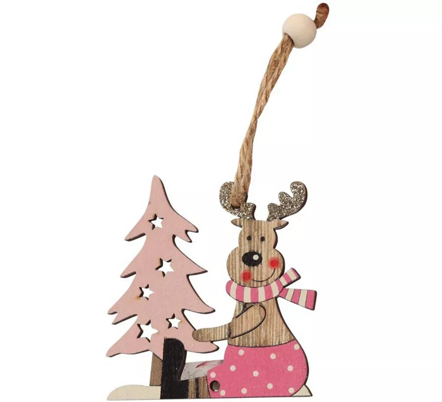 Reno con Árbol de Madera Colgante de 7 cms