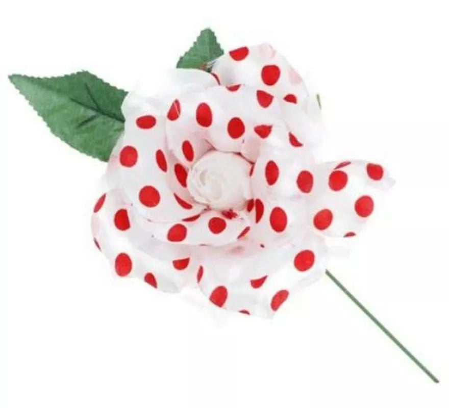 Translation missing: de.Rosa de Sevillana o Chulapa blanca con lunares rojos y varilla de 15 cm