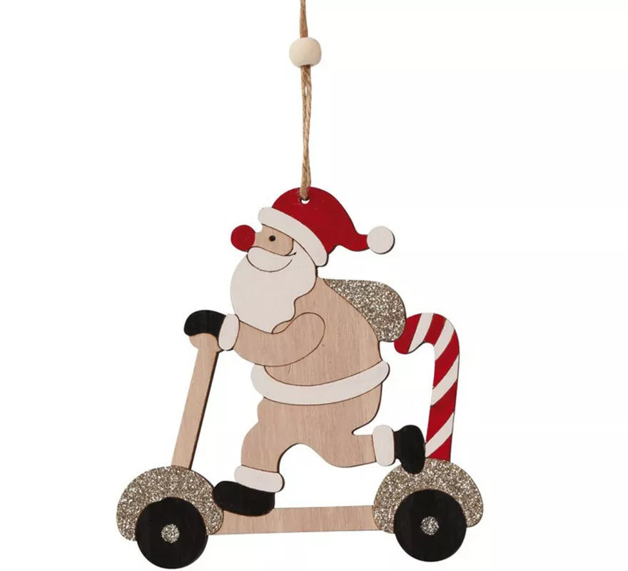 Translation missing: de.Santa en Patinete de Madera Colgante de 12,5 cms