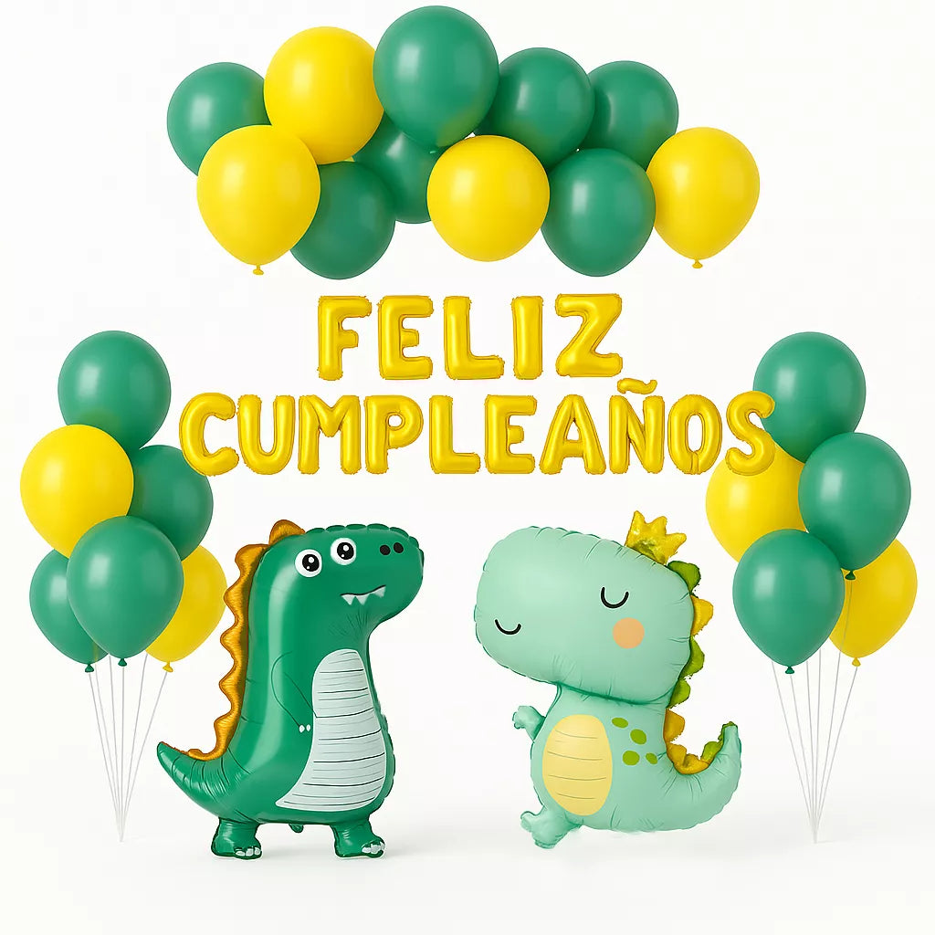 Set 26 pc Globos Dinosaurios con Guirnalda de Feliz Cumpleaños