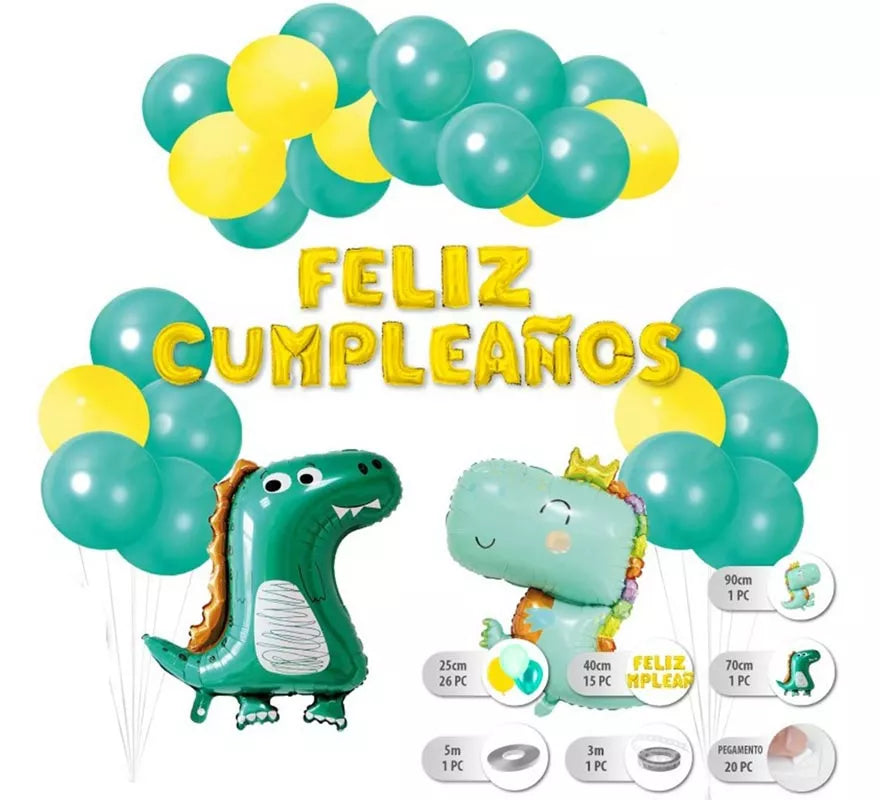 Translation missing: de.Set 26 pc Globos Dinosaurios con Guirnalda de Feliz Cumpleaños