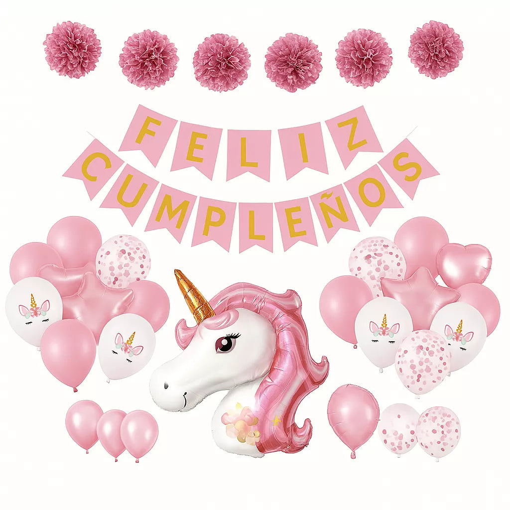 Set 26 pc Globos Unicornios con Guirnalda de Feliz Cumpleaños