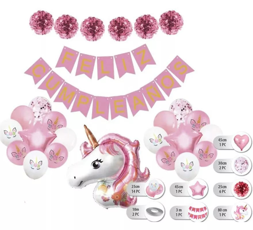 Translation missing: de.Set 26 pc Globos Unicornios con Guirnalda de Feliz Cumpleaños