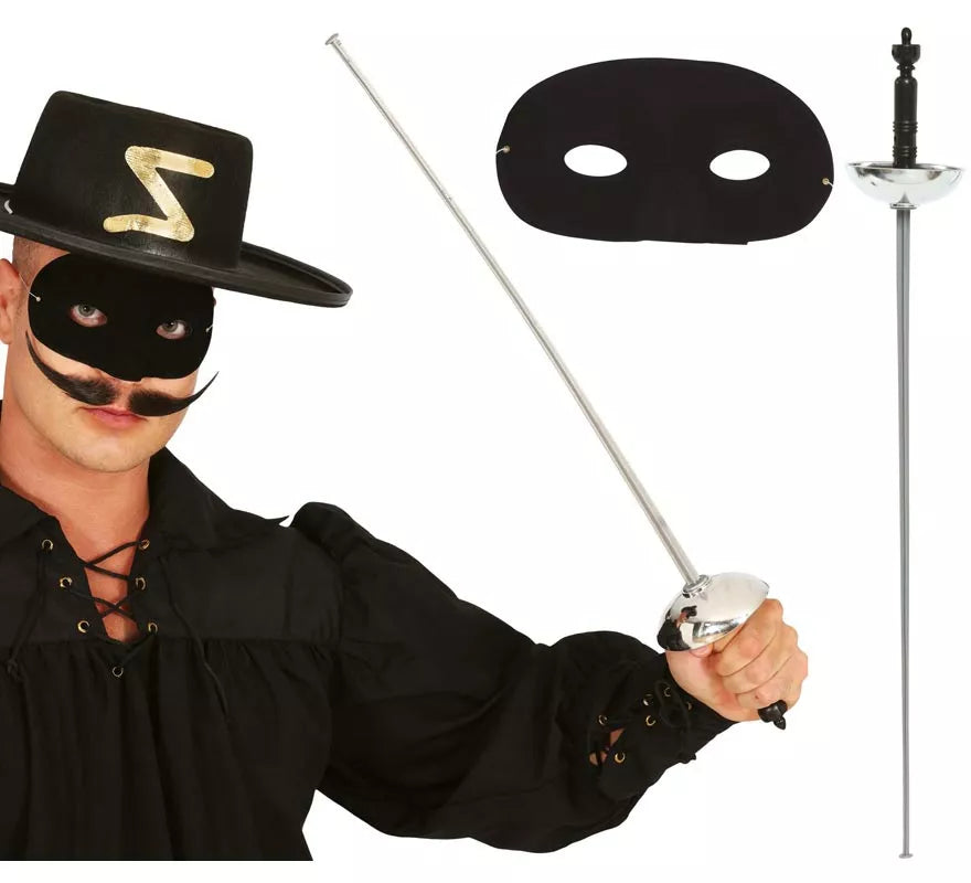 Translation missing: de.Set antifaz y florete de 65 cm. plateado de héroe enmascarado