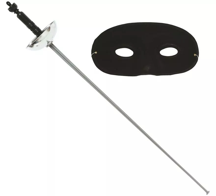Translation missing: de.Set antifaz y florete de 65 cm. plateado de héroe enmascarado