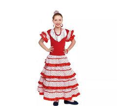Weißes Sevillana-Kostüm mit rotem Rand für Mädchen