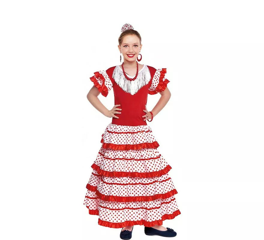 Translation missing: de.Sevillana blanco con borde rojo para niña