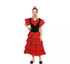 Rotes Sevillana-Kostüm mit schwarzen Punkten für Mädchen