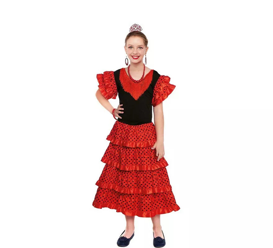 Translation missing: de.Sevillana rojo lunares negros para niña