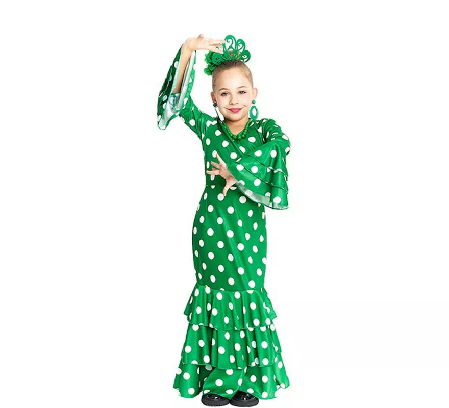 Translation missing: de.Sevillana verde con lunares blancos para niña