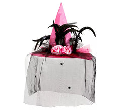 Hexenhut mit Satinschleier, Spinnen und rosa Federn, 59 cm Umfang