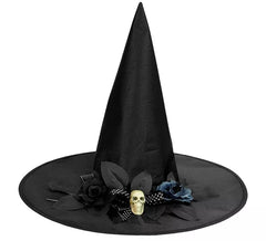 Hexenhut mit Schleife, Totenkopf und Blumen