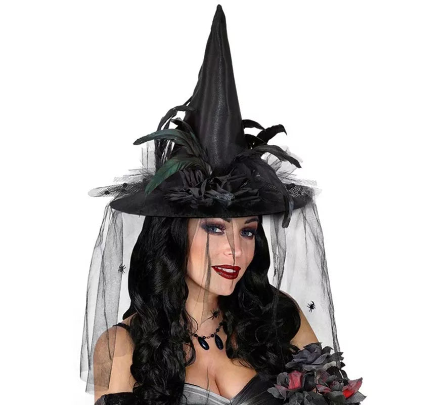 Translation missing: de.Sombrero de Bruja con Tul, Flores y Plumas