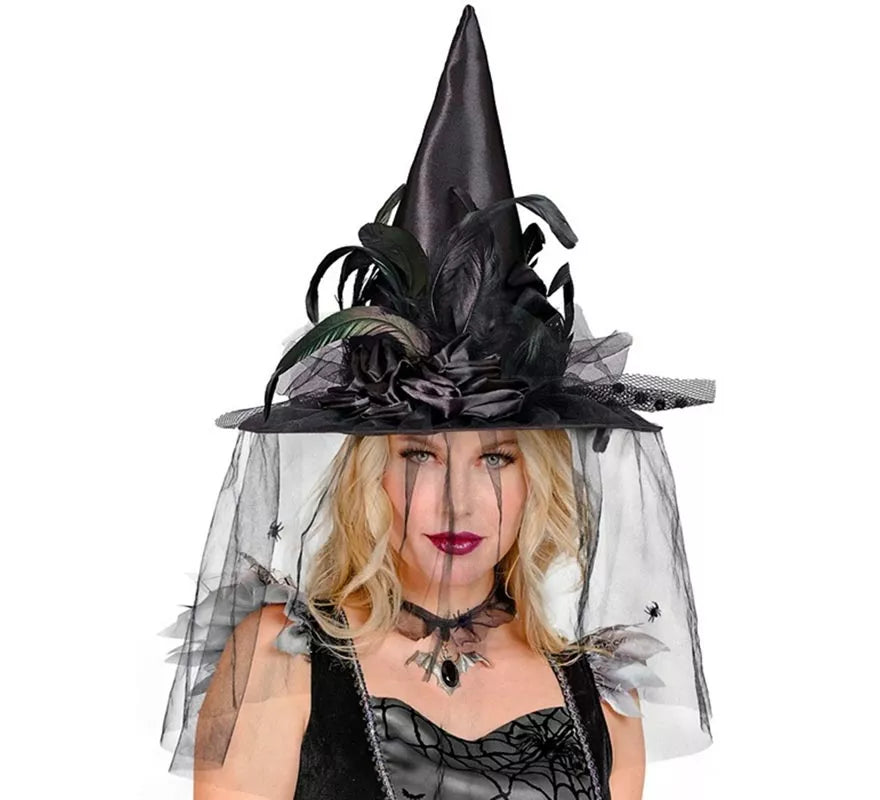 Translation missing: de.Sombrero de Bruja con Tul, Flores y Plumas