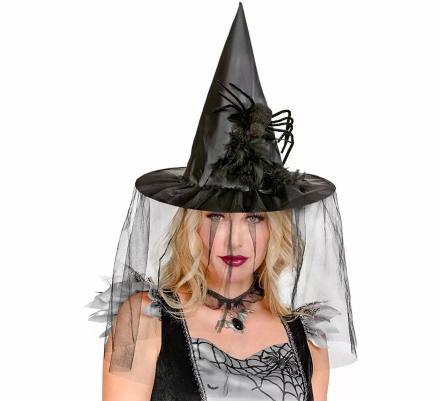Sombrero de Bruja con Tul, Plumas y Araña