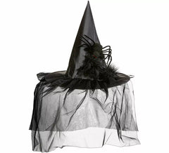 Hexenhut mit Tüll, Federn und Spinne