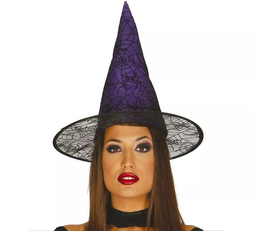 Translation missing: de.Sombrero de Bruja lila con telarañas y arañas