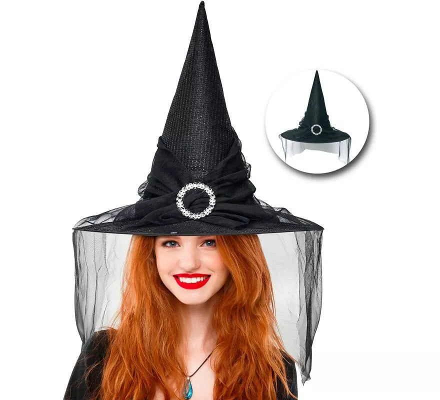 Sombrero de Bruja negro Hebilla con Tul