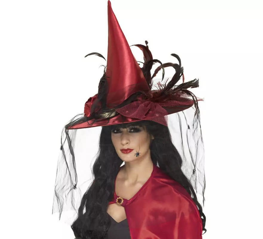 Translation missing: de.Sombrero de Bruja Rojo con plumas y velo